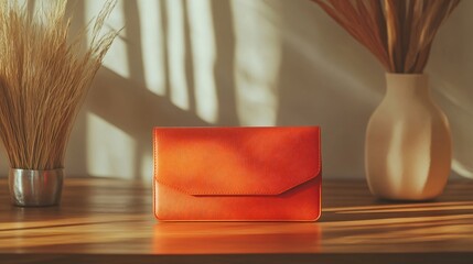 Wall Mural - A contemporary purse in bold orange with a minimalist design and no visible branding, resting on a wooden table with abstract decor in the background