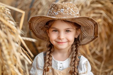 Canvas Print - A smiling young girl in traditional Bavarian attire with braided hair, standing among hay bales.