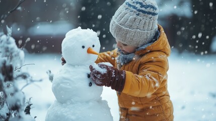 A child building a snowman out of clean snow, wearing a recycled winter coat. Winter fun doesn't have to cost the Earth.