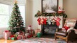 © Leopard - a charming holiday living room with a whimsical christmas tree, presents in unique, patterned wrapping, a cozy fireplace with garlands, and a comfy armchair with a festive throw. the scene is warm and