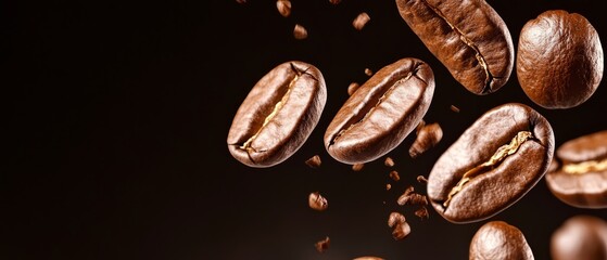  A group of coffee beans in mid-air, some falling out against a black backdrop, allowing space for text