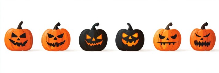 Wall Mural - illustration of a row of pumpkins with angry faces on a white background dark black and orange color scheme Generative AI