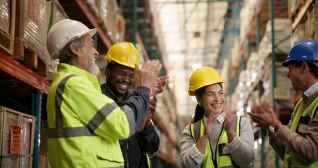 Poster - Warehouse, team and celebration for success with hands, together in freight, logistics or shipping company. Group, people and tech in distribution, trade and job in factory, supply chain or industry