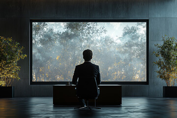 Poster - A businessman giving a presentation in a minimalist boardroom, with a simple projector screen behind him.