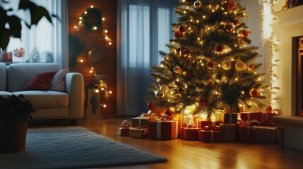 Decorated Christmas tree with gifts underneath, warm living room, December 25