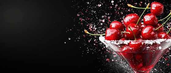 Wall Mural - red cherries, black background, sugar rim, splash of water