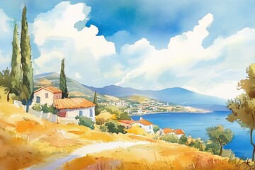 beautiful greek small town on the sea cost drawn in aquacolors 