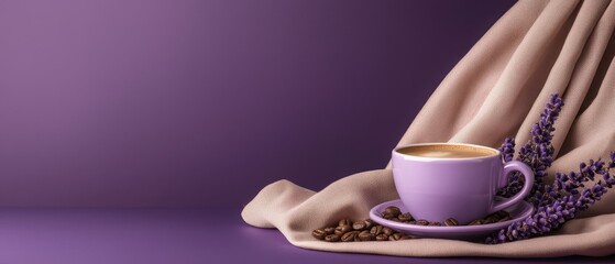 Wall Mural -  A cup of coffee on a saucer, nearby coffee beans, and a cloth