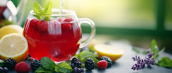 Wall Mural -  A pitcher of raspberry lemonade adjacent to lemons, fresh raspberries, and lemon wedges