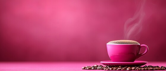 Wall Mural -  A steaming cup of coffee atop a pink saucer, accompanied by a heap of roasted coffee beans