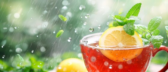 Wall Mural -  A cup of tea garnished with a lemon slice and mint leaves, dripping with water droplets on the glass