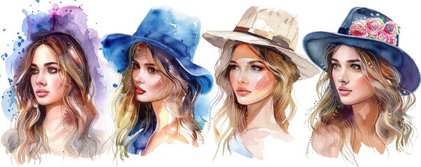 Wall Mural - Watercolor illustrations of women in flowing, vibrant dresses showcasing top fashion trends.