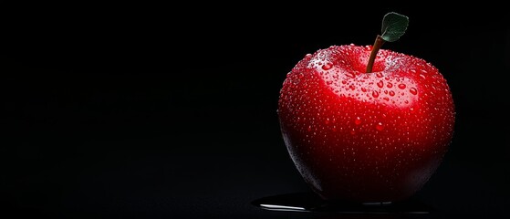 Wall Mural -  A red apple against a black backdrop, adorned with water droplets at its summit and a verdant leaf emerging from the top