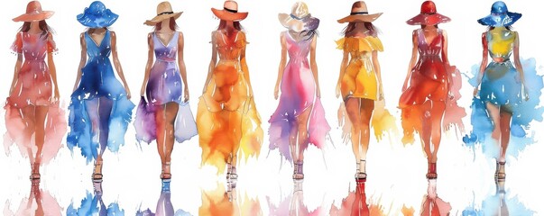 Wall Mural - Watercolor illustrations of women in flowing, vibrant dresses showcasing top fashion trends.