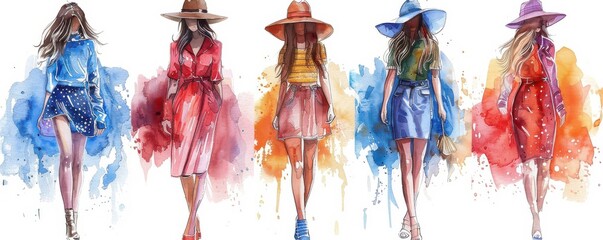 Wall Mural - Watercolor illustrations of women in flowing, vibrant dresses showcasing top fashion trends.