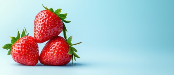 Wall Mural -  Four strawberries stacked on a blue and green background..Or:..A stack of four strawberries against a backdrop of blue and green, featuring green leaves