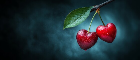  Two cherries with water droplets and a green leaf on the branch