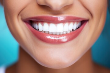 Closeup of a womans beautiful smile with white teeth and red lips