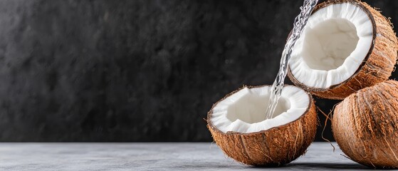 Canvas Print -  Two coconuts adjacent, with water dripping from their interiors