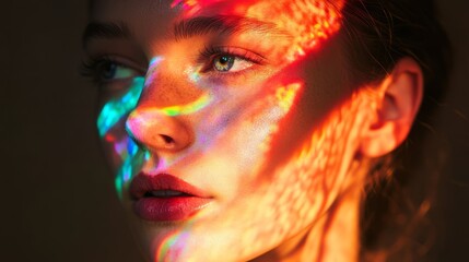 Wall Mural - Young Woman with Multicolored Light in her Face