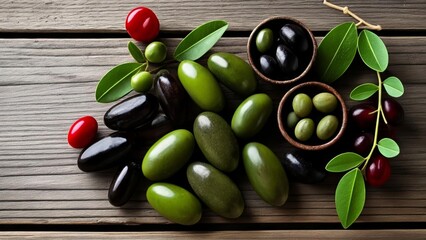 Poster -  A bounty of fresh fruits and vegetables on a rustic wooden surface