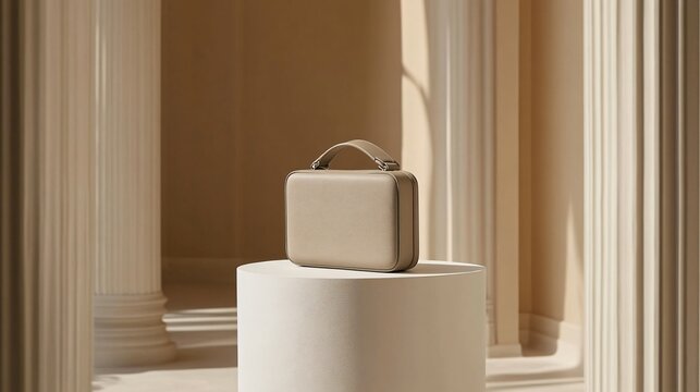 A small, boxy minimalist purse with a smooth matte finish and no visible logos, placed on a white pedestal in an art-gallery-style setting