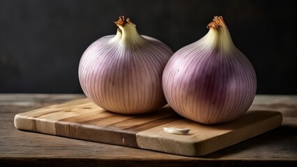 Canvas Print -  Freshly harvested purple onions on a rustic cutting board