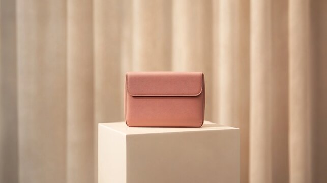 A small, boxy minimalist purse with a smooth matte finish and no visible logos, placed on a white pedestal in an art-gallery-style setting