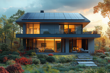 Poster - solar panels covering the roof of a modern house, providing clean energy. concept of technology.