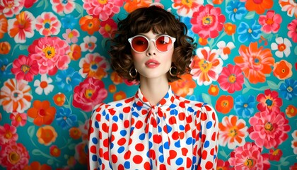 Wall Mural - Whimsical Playfulness of a Woman in a Red Polka Dot Dress Against a Colorful Polka Dot Background