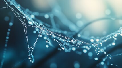Frozen water droplets on a spider web, creating a network of glistening pearls suspended in mid-air, delicate and intricate