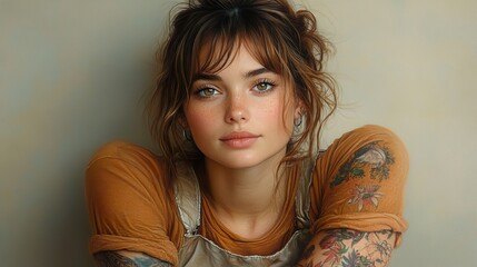 Wall Mural - Portrait of a Young Woman with Green Eyes and Floral Tattoos