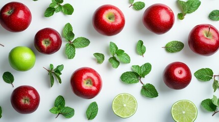 Shiny red apples, green limes, and sprigs of mint, a refreshing color palette on a pure white background.