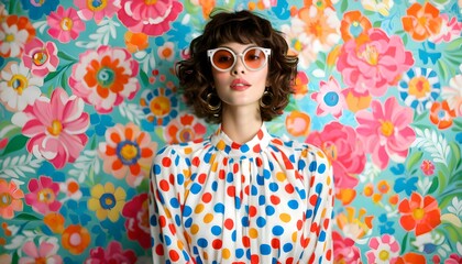 Wall Mural - Joyful woman in colorful polka dot dress contrasting against vibrant polka dot wallpaper, radiating creativity and positivity.