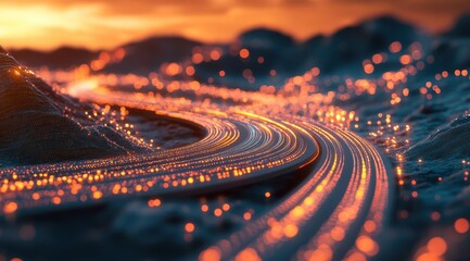 A road made of glowing data streams, winding through the mountains at sunset. The scene is bathed in warm hues with soft bokeh lights creating an ethereal atmosphere. 