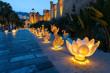 Poster - Fantasy-inspired Alcazaba in Malaga, where the ancient Moorish fortress is surrounded by glowing lights and mythical creatures, creating a magical atmosphere