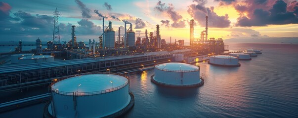 Large industrial tanks with domed tops under a clear blue sky, representing oil and gas storage. Free copy space for banner.