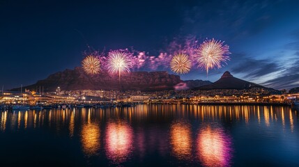 new year's eve in cape town, south africa, with fireworks illuminating table mountain and the waterfront, marking the beginning of a new year in a festive atmosphere. 