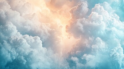 A serene sky filled with soft, fluffy clouds illuminated by warm light, creating a peaceful and dreamy atmosphere.