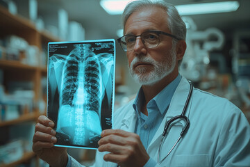 Poster - a doctor examining an x-ray in a medical office, highlighting healthcare diagnostics. concept of hea
