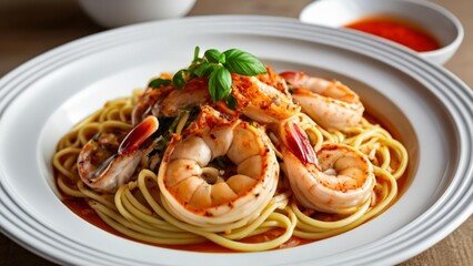 Canvas Print -  Delicious seafood pasta dish ready to be savored