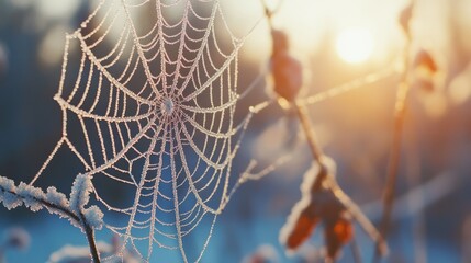 A glistening spiderweb, adorned with tiny ice crystals, shimmering in the morning sunlight.