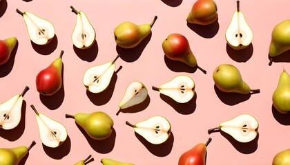 Wall Mural - Vibrant arrangement of whole and halved pears on a pink backdrop highlighting exquisite textures