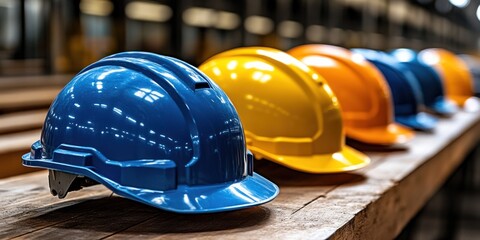 Colorful hard hats are neatly arranged on a wooden table in a construction area