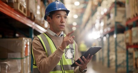 Poster - Man, tablet and checklist with inventory for logistics or shipping at storage warehouse. Male person checking and counting stock with hard hat on technology for supply chain or distribution at depot