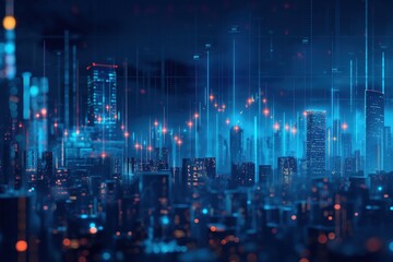 Poster - Cityscape with a blue sky and a few buildings. The buildings are lit up with red lights