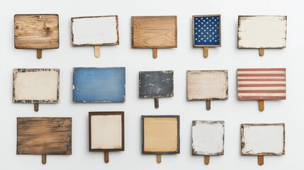 Poster - Collection of wooden signs with a variety of designs and colors. The signs are arranged in a grid pattern on a white background