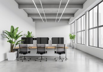 Aufkleber - Large open office space with a few potted plants and a few chairs. The chairs are arranged in a row and the potted plants are placed around the room. The room has a modern and minimalist design