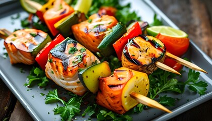 Vibrant grilled salmon and vegetable skewers showcasing delicious colors and flavors in a healthy meal presentation