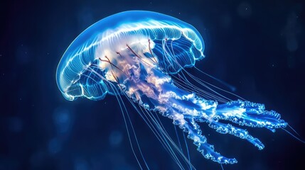 A translucent jellyfish in the ocean, glowing softly in the deep blue water